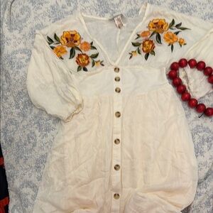 Flying Tomato Cream Midi Dress with Floral Embroidery